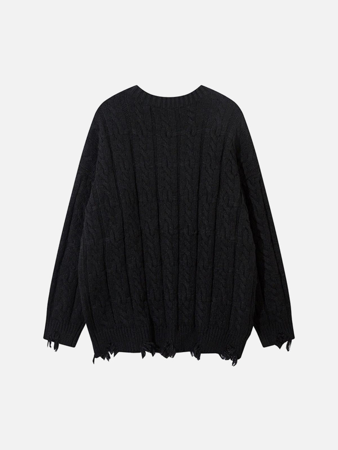 Back view of a black TALISHKO sweater featuring a vintage-inspired curled hem design.