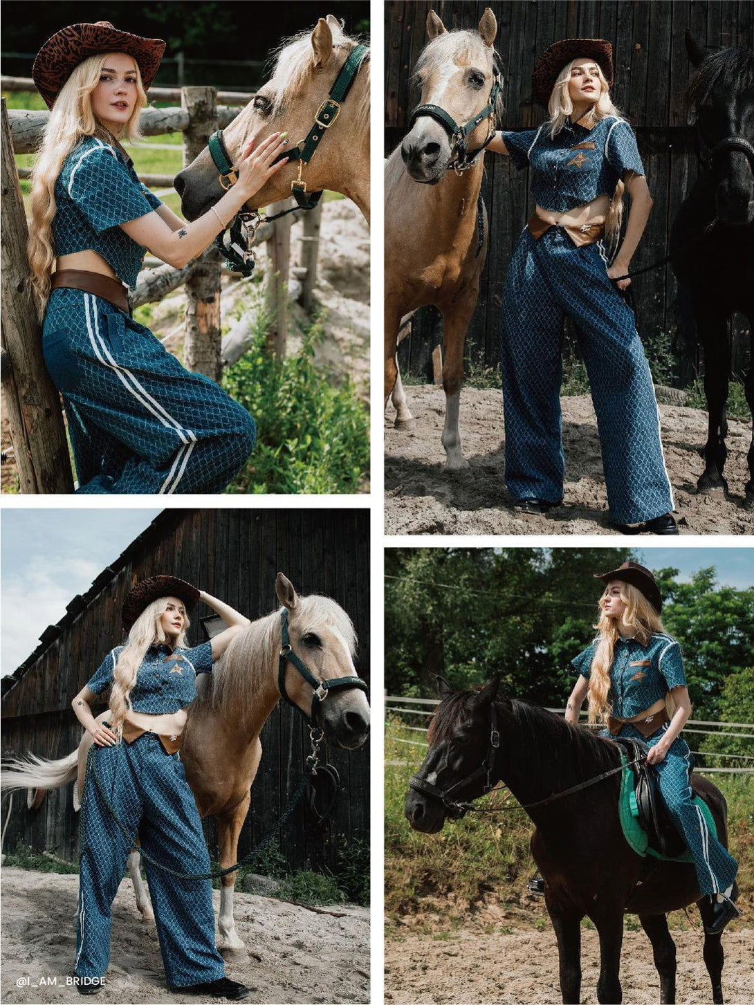 Model wearing TALISHKO vintage denim jacquard set, posing with horses for a rustic look.