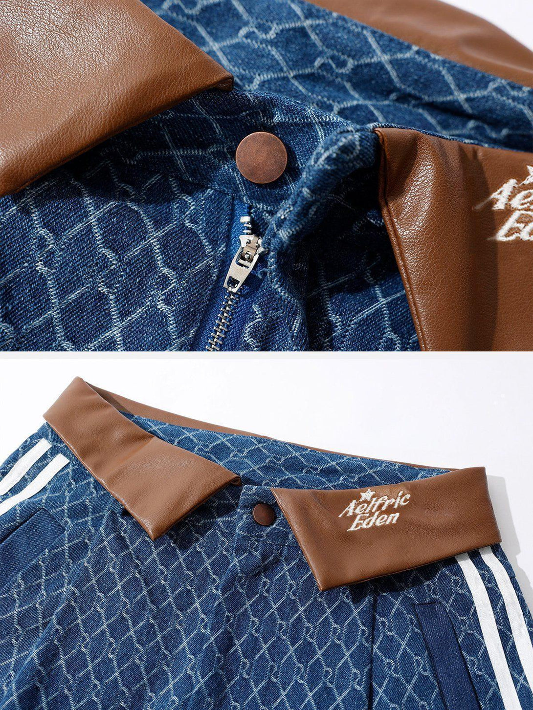 Intricate look at TALISHKO denim jacquard jeans with brown leather details and unique pattern.