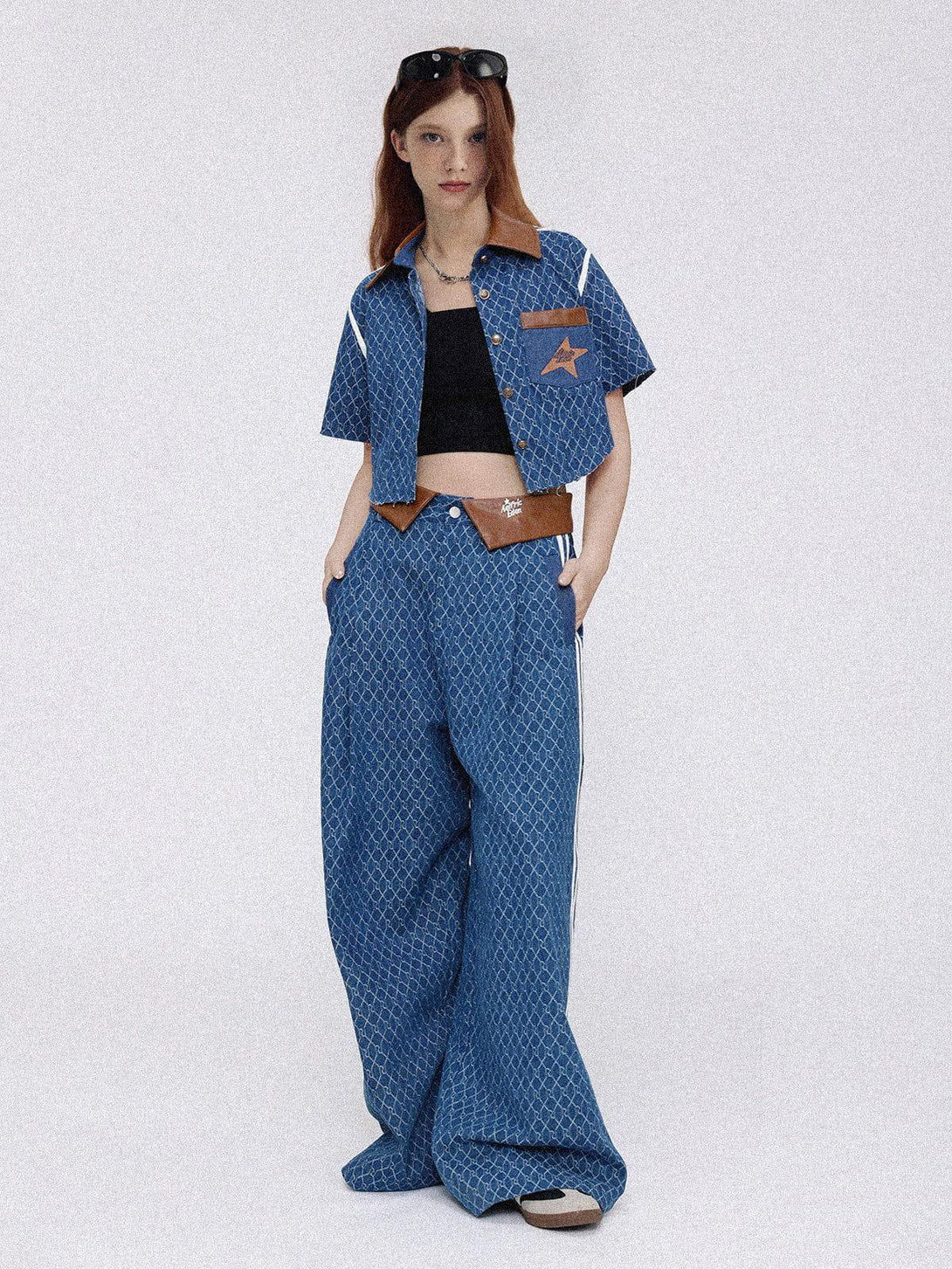 Model showcasing TALISHKO vintage denim jacquard set, featuring a chic cropped jacket and baggy jeans.
