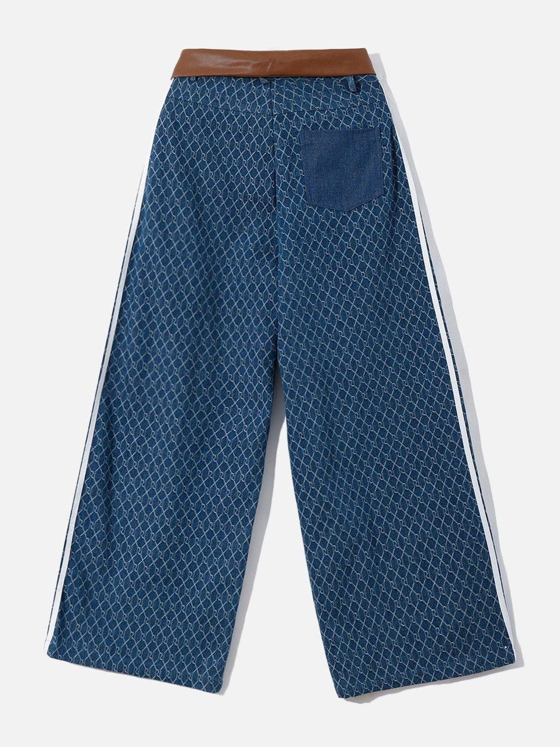Back view of TALISHKO vintage denim jacquard baggy jeans, highlighting the intricate pattern.