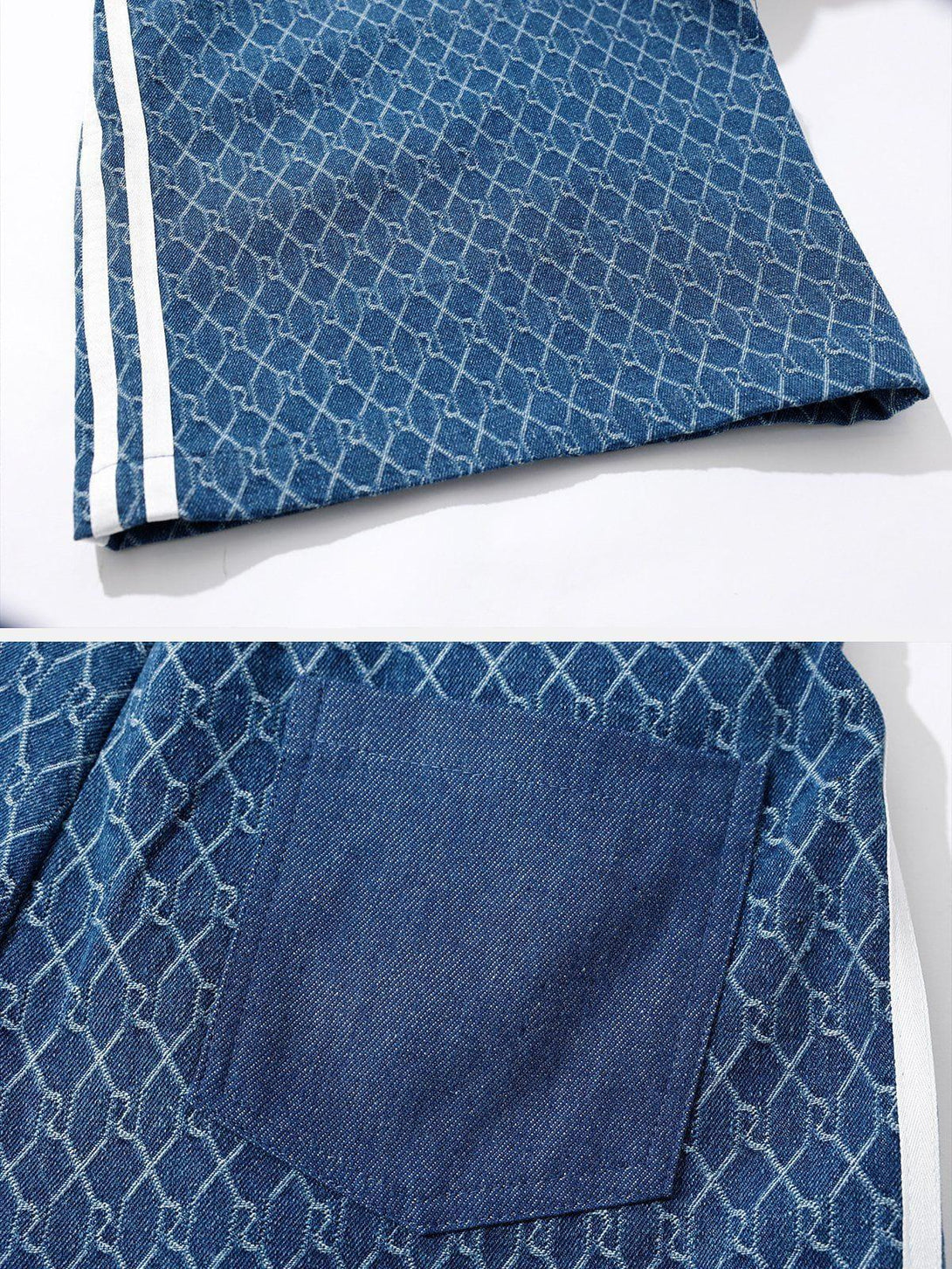 Focusing on the intricate jacquard pattern and pocket detail of TALISHKO denim baggy jeans.