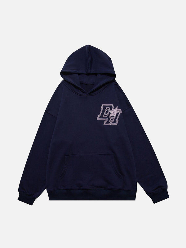 Navy hoodie with vintage "DH" print by TALISHKO, showcasing a relaxed, casual style.