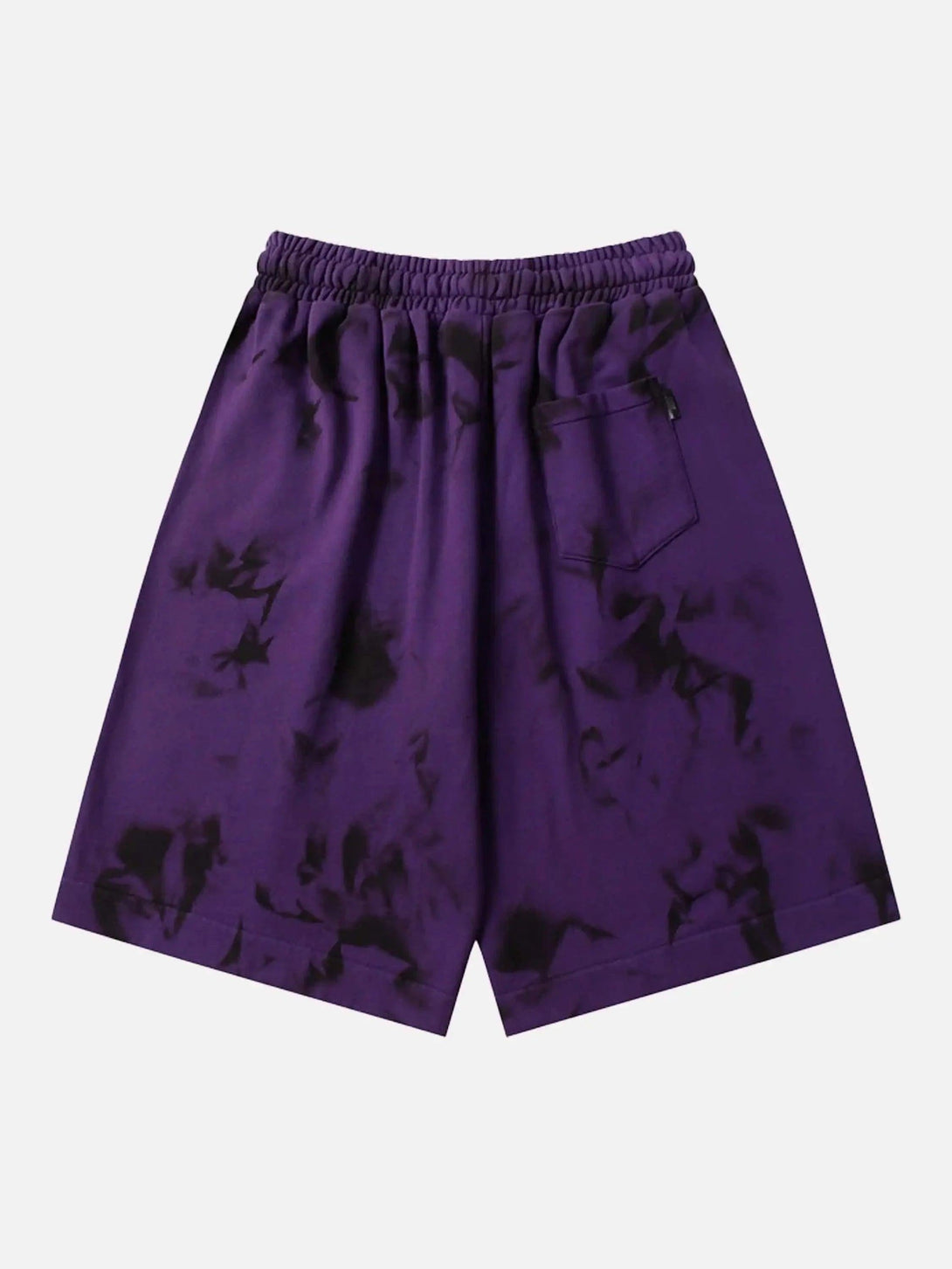 Back view of TALISHKO's purple tie-dye loose shorts with elastic waistband and pocket detail.