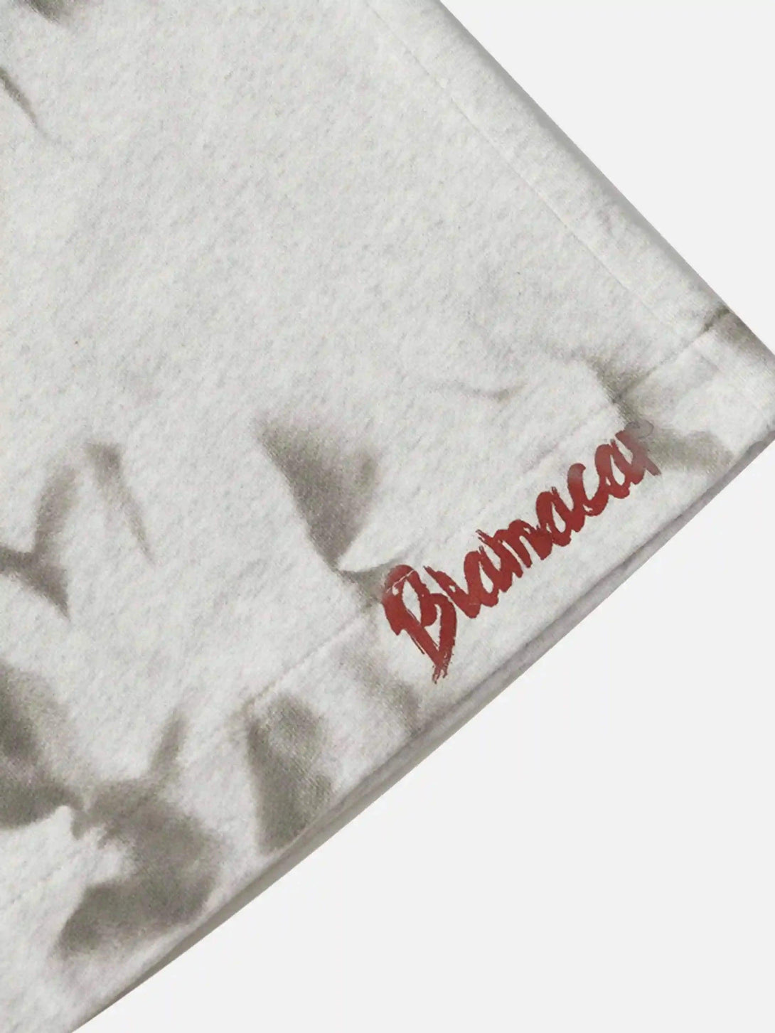 Intricate look at TALISHKO's vintage-style shorts with bold red lettering detail.
