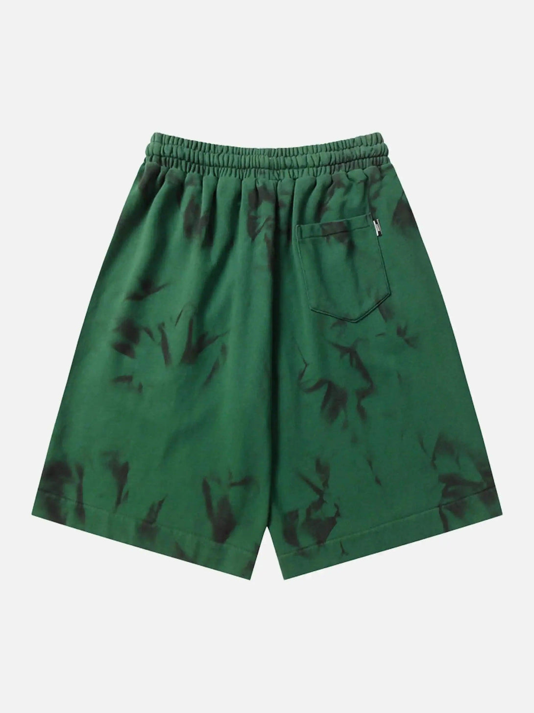 Back view of TALISHKO's green tie-dye loose shorts with elastic waistband and pocket detail.