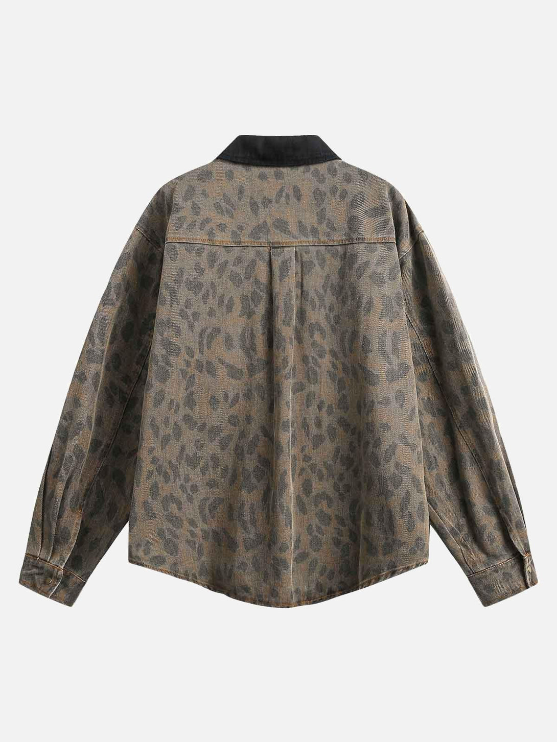 Back view of TALISHKO's vintage cheetah print denim shirt highlighting its relaxed fit.