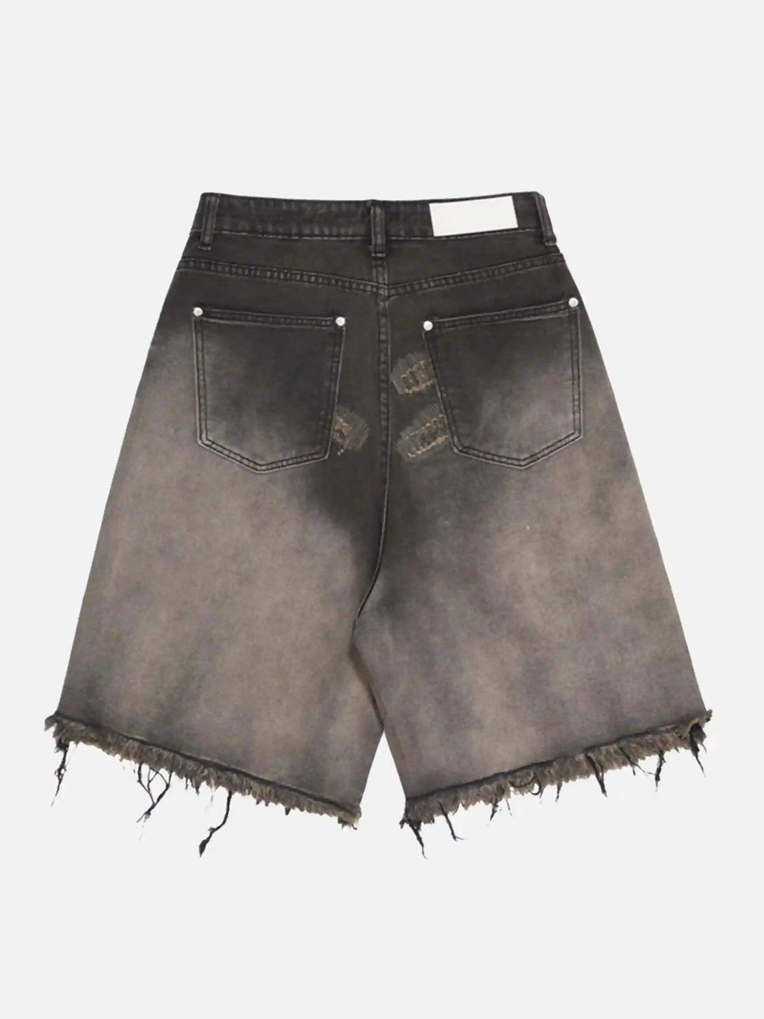 Back view of TALISHKO vintage distressed denim shorts with frayed hems and a gradient effect.