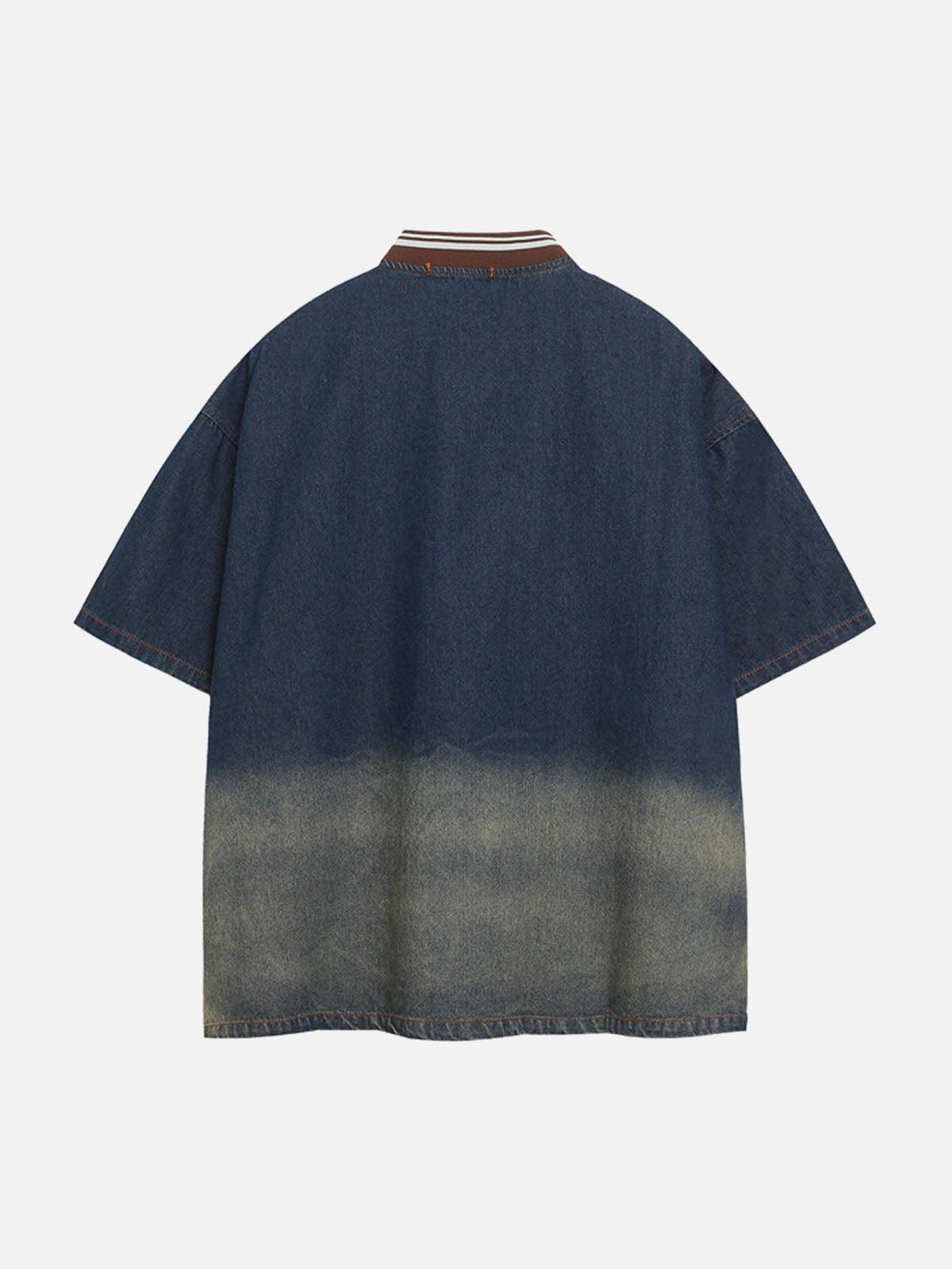 Back view of TALISHKO's vintage denim T-shirt with a gradient wash and striped collar detail.