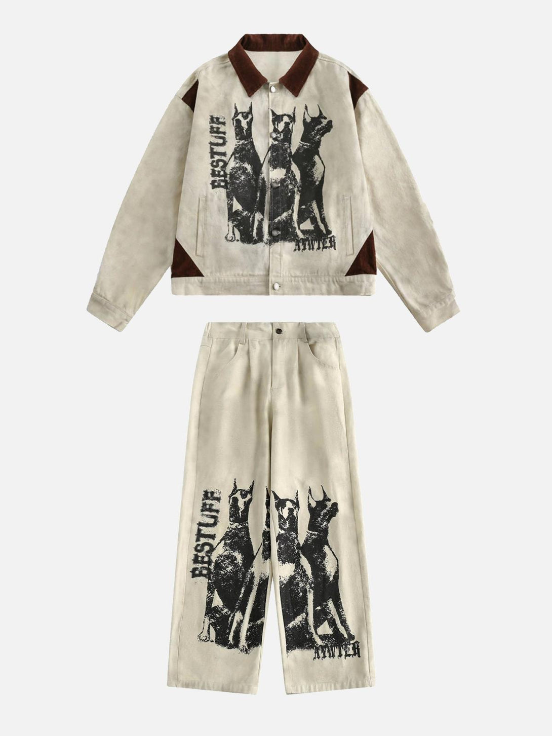 Vintage Doberman graphic jacket and pants set by TALISHKO, featuring a bold beige design.