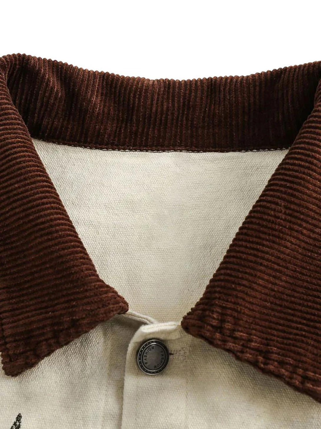 A detailed view of TALISHKO's vintage jacket, highlighting the rich brown corduroy collar.