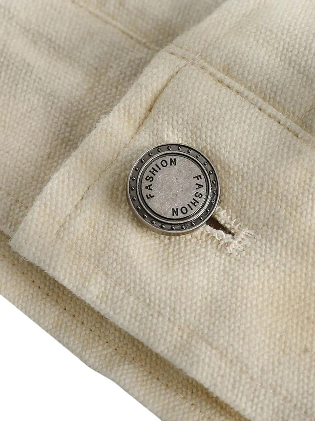 Detailed fabric and button design on TALISHKO's vintage jacket sleeve, emphasizing texture.