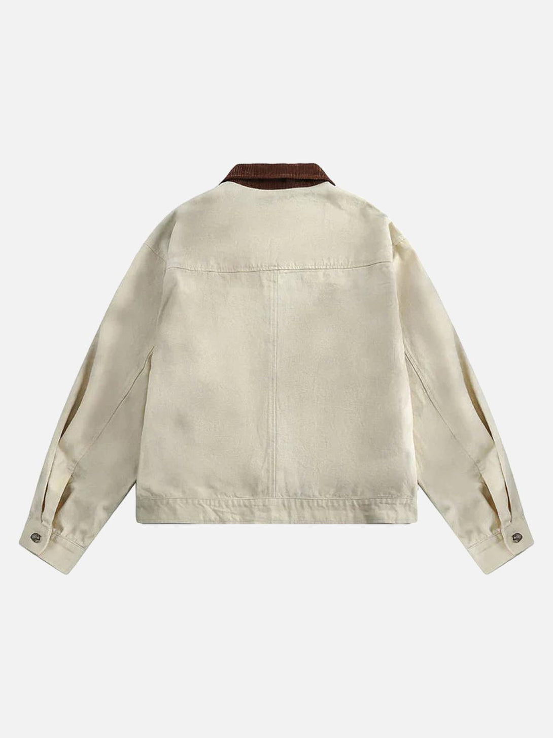 Back view of a beige vintage jacket by TALISHKO, highlighting its classic style and brown collar.