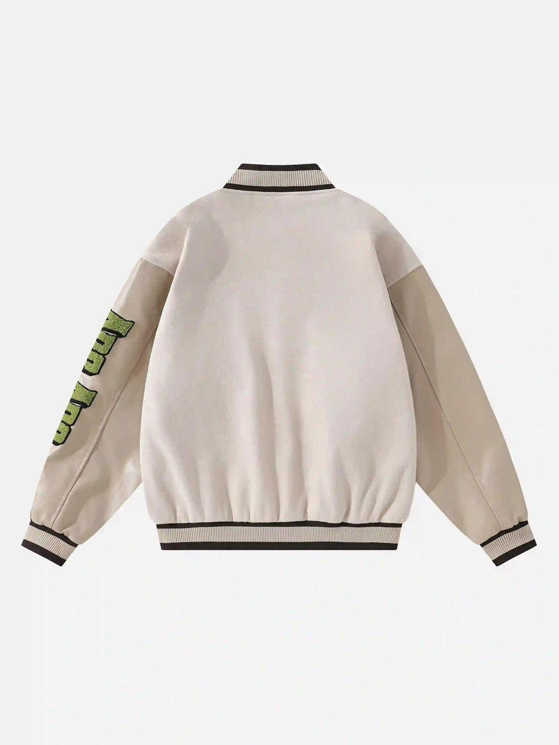 Back view of a cream vintage embroidered baseball jacket by TALISHKO, showcasing style.