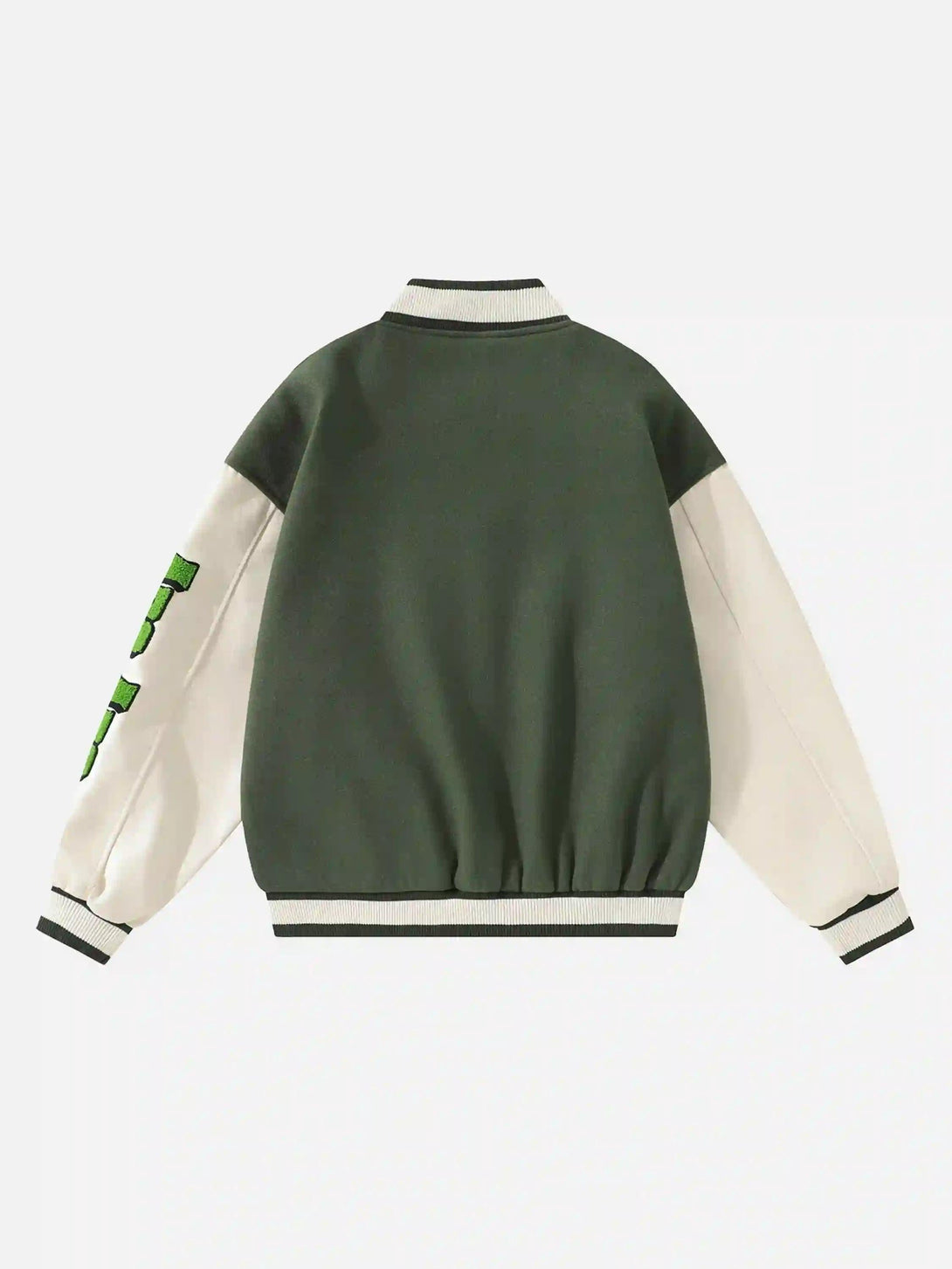 Back view of a green and cream vintage baseball jacket with embroidered sleeves by TALISHKO.