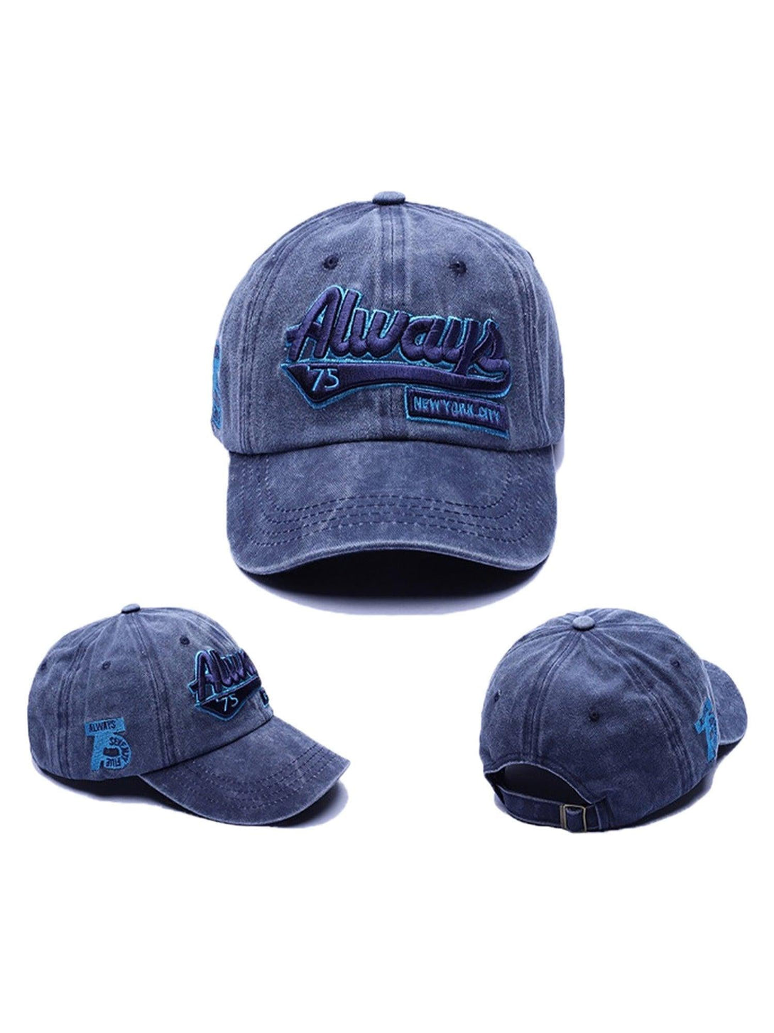 Vintage denim washed baseball cap by TALISHKO, featuring embroidery from various angles.