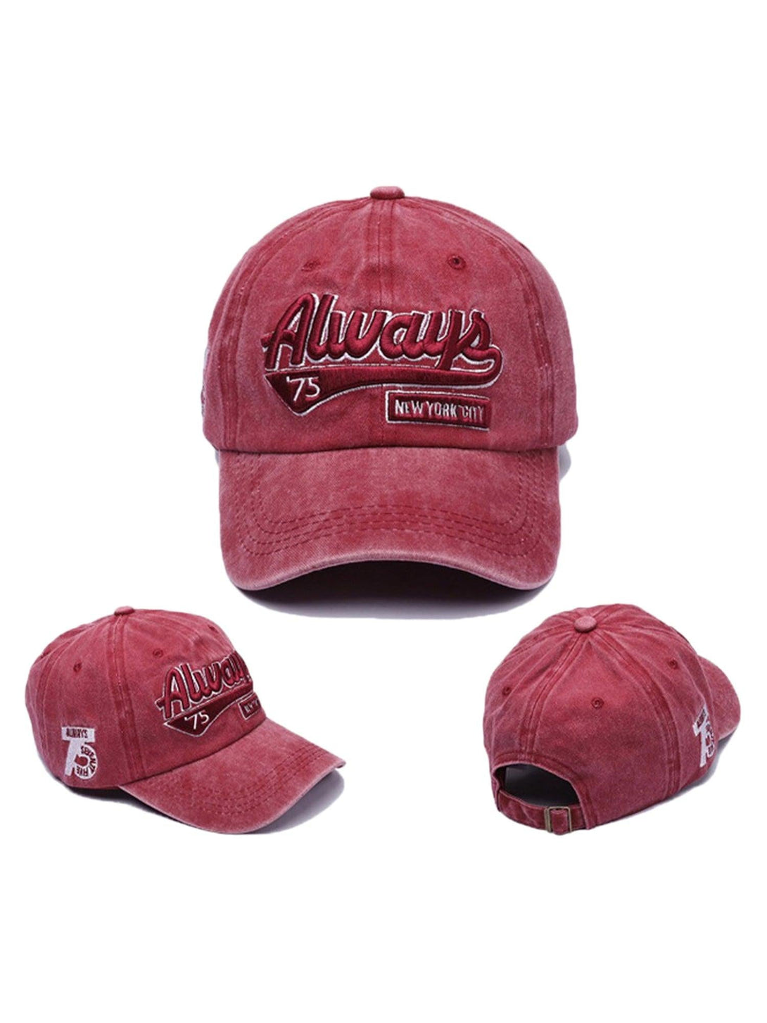 Red vintage baseball cap with embroidery, shown from multiple angles by TALISHKO.
