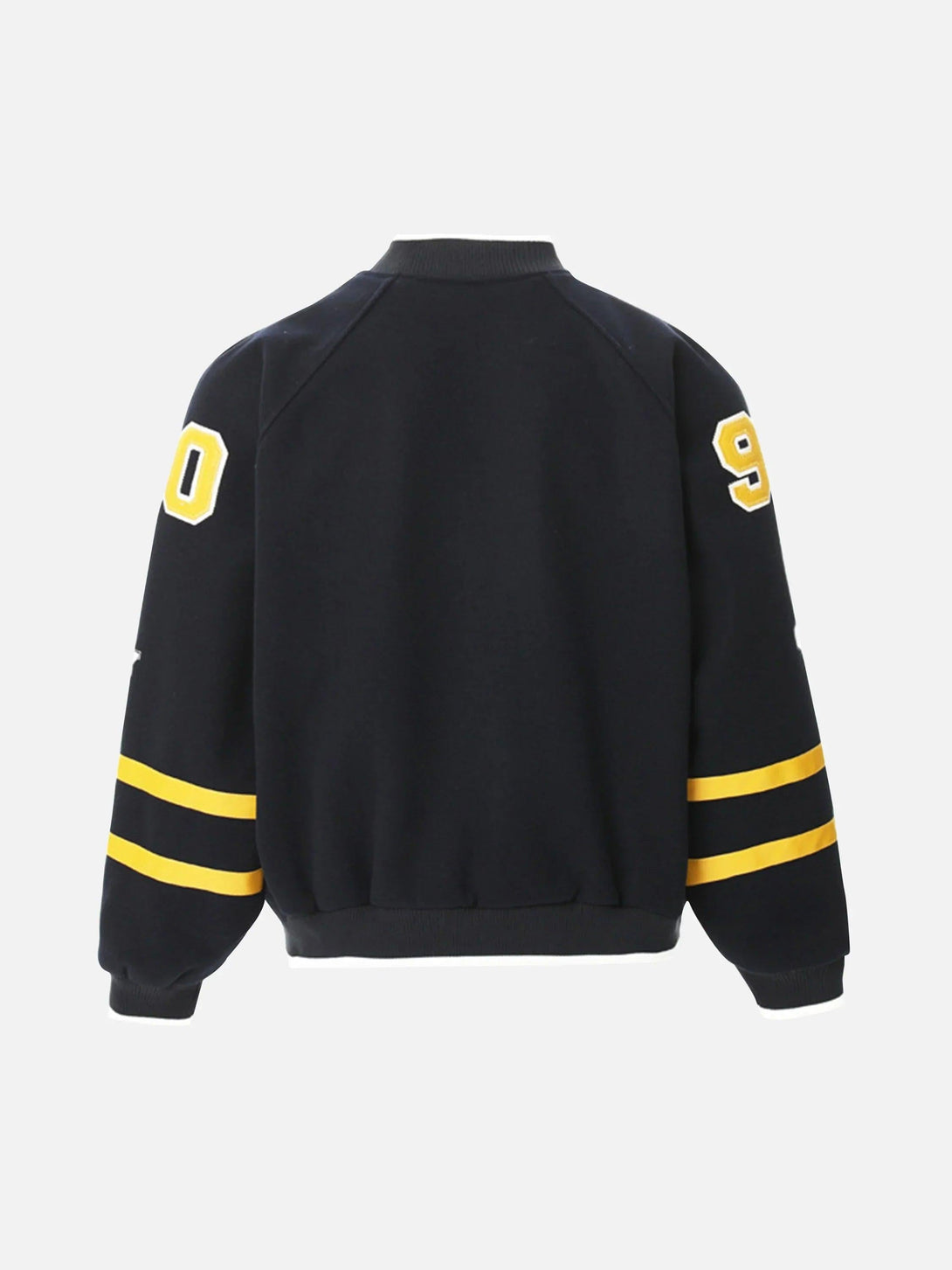 Back view of a black varsity baseball jacket by TALISHKO, featuring yellow sleeve stripes.