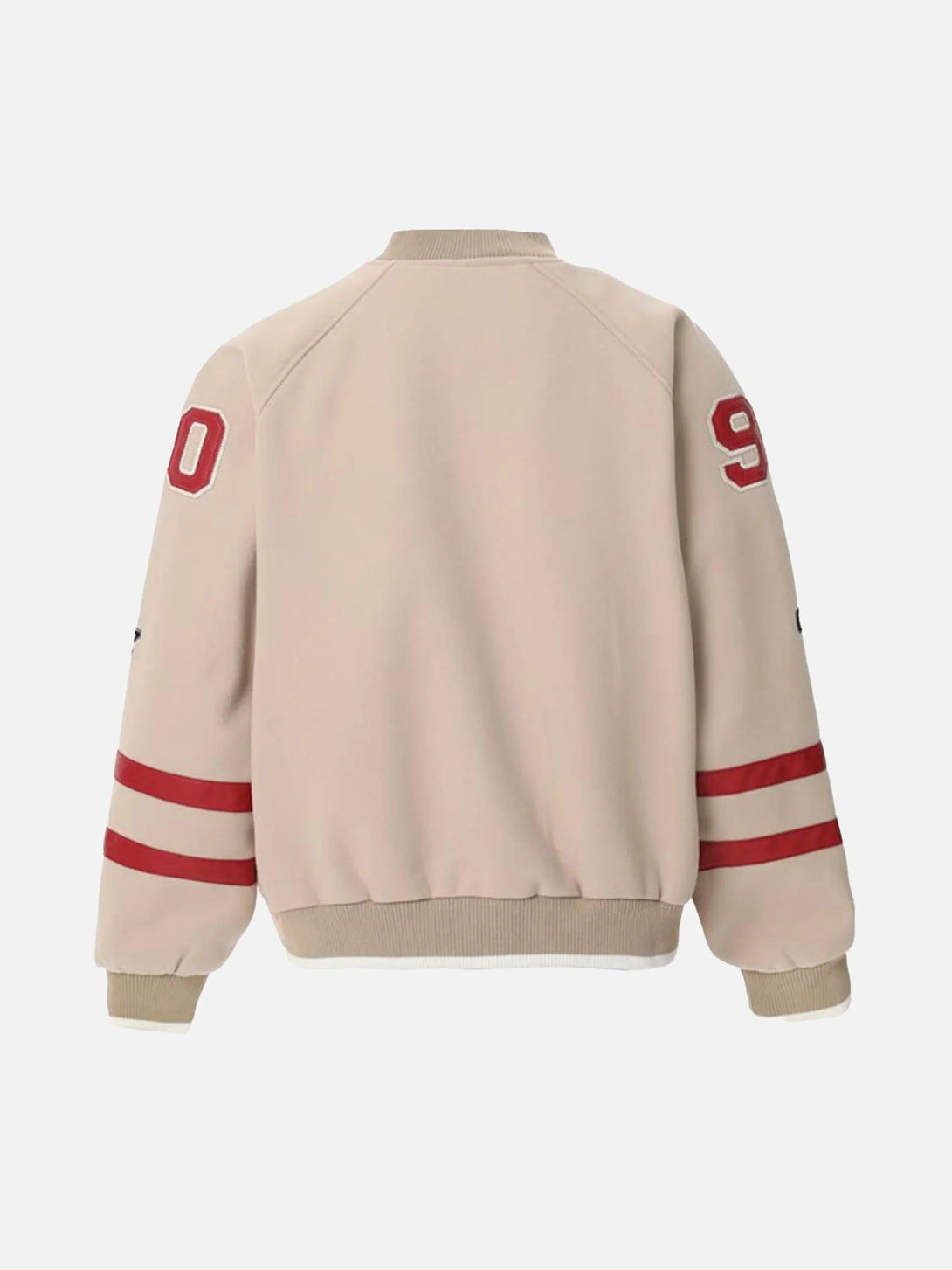 Back view of a beige vintage varsity baseball jacket by TALISHKO, featuring red sleeve accents.