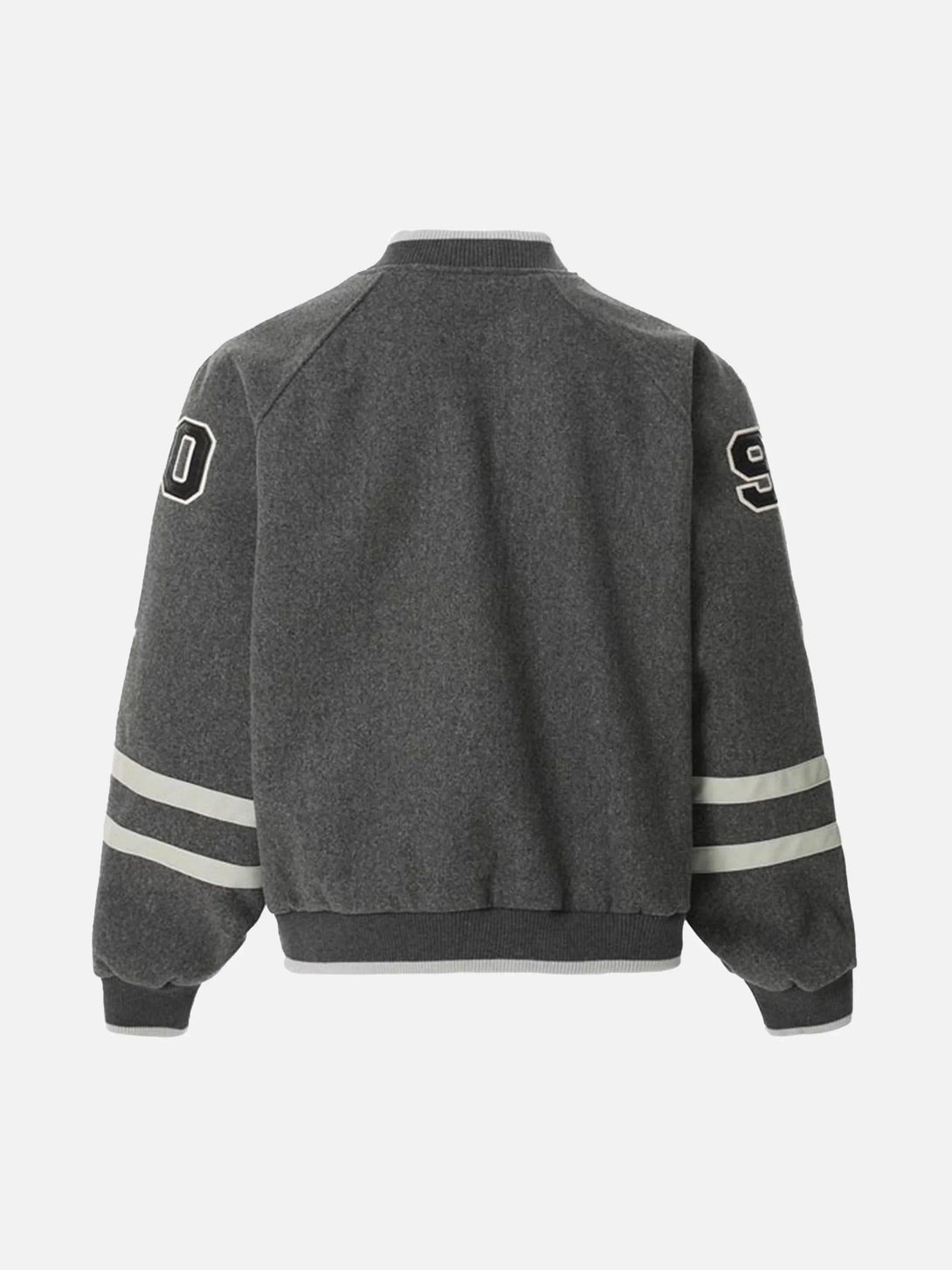 Back view of a gray varsity baseball jacket by TALISHKO, featuring embroidered sleeve numbers.