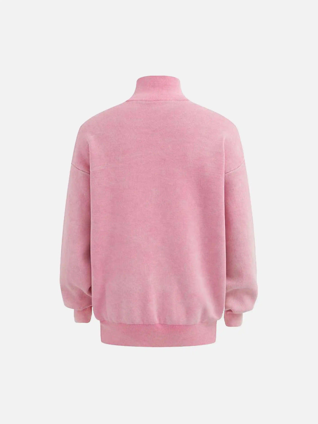 Back view of a pink stand collar cardigan by TALISHKO, showcasing a vintage-inspired design.