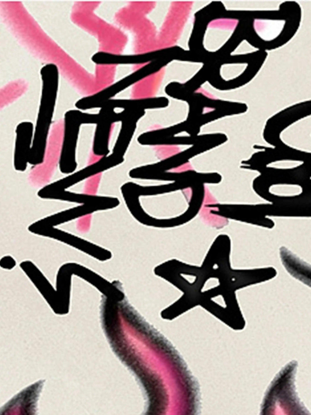 Graffiti-inspired design on TALISHKO vintage flame shorts, showcasing bold black and pink accents.