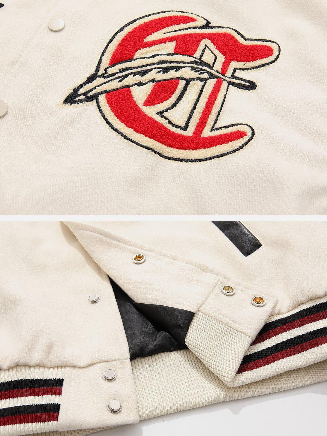 A detailed view of TALISHKO varsity jacket's vintage flock print and snap button closure.
