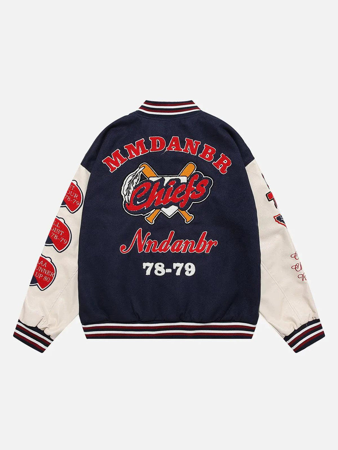 Back view of TALISHKO varsity jacket with vintage flock prints and contrasting sleeves.