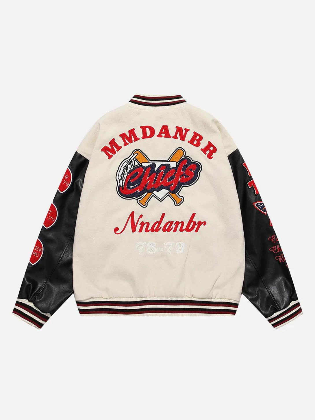 Back view of a TALISHKO varsity jacket with bold vintage flock prints and contrasting sleeves.