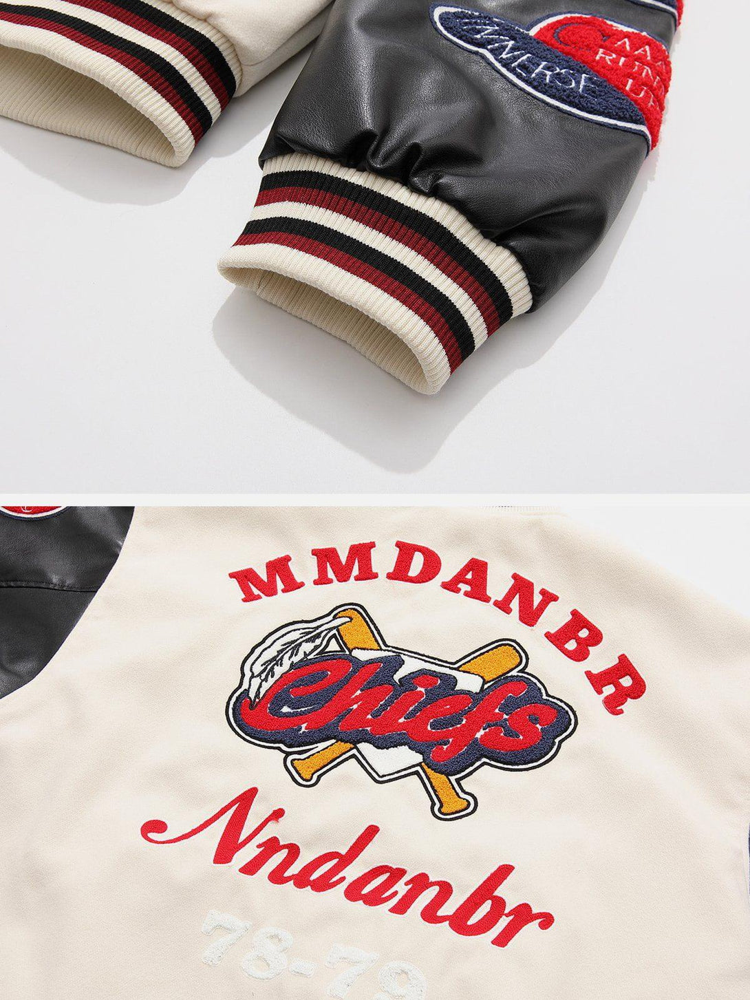 Intricate look at TALISHKO varsity jacket's cuff details and vibrant vintage embroidery.