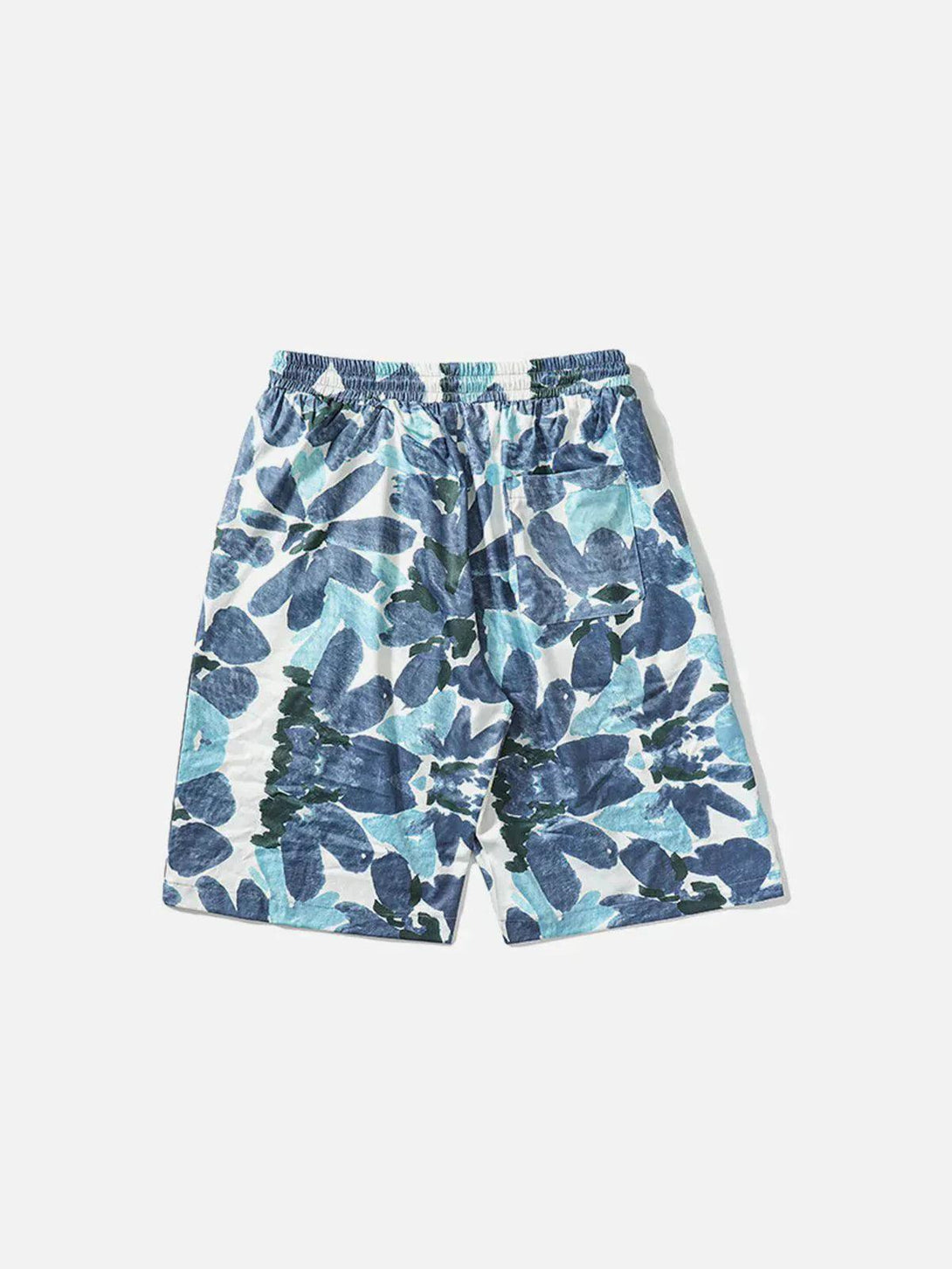 TALISHKO shorts featuring a vintage floral pattern in blue hues, perfect for beach days.
