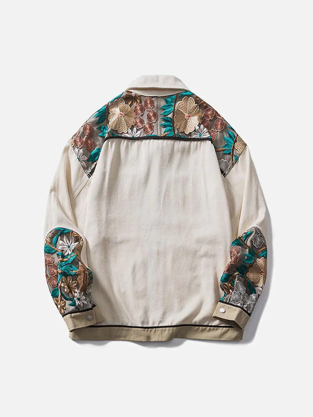 Back view of TALISHKO jacket with vintage floral embroidery, highlighting unique craftsmanship.