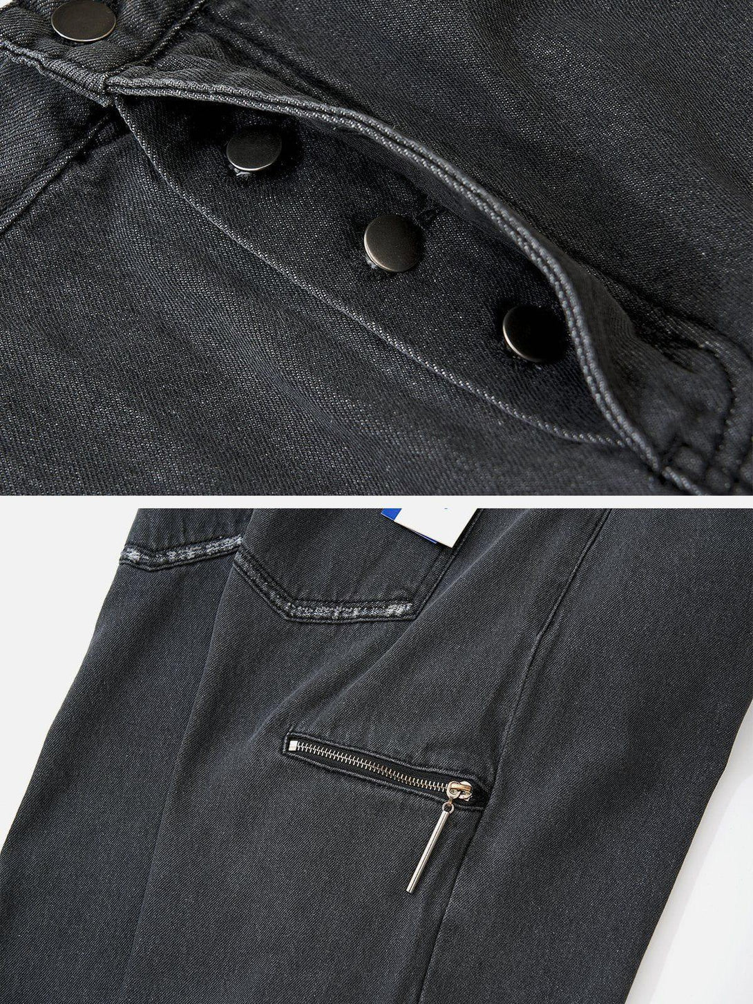 Detailed view of TALISHKO vintage frayed wash jeans, showcasing button and zipper details.