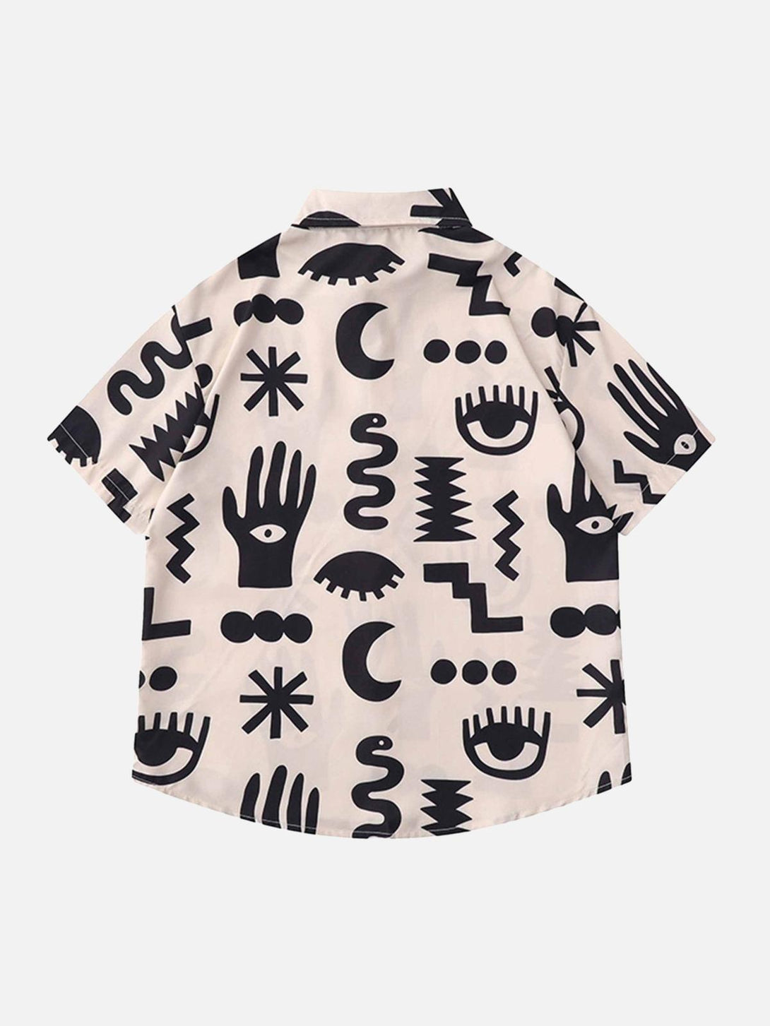 Back view of a beige short sleeve shirt with bold black abstract prints by TALISHKO.
