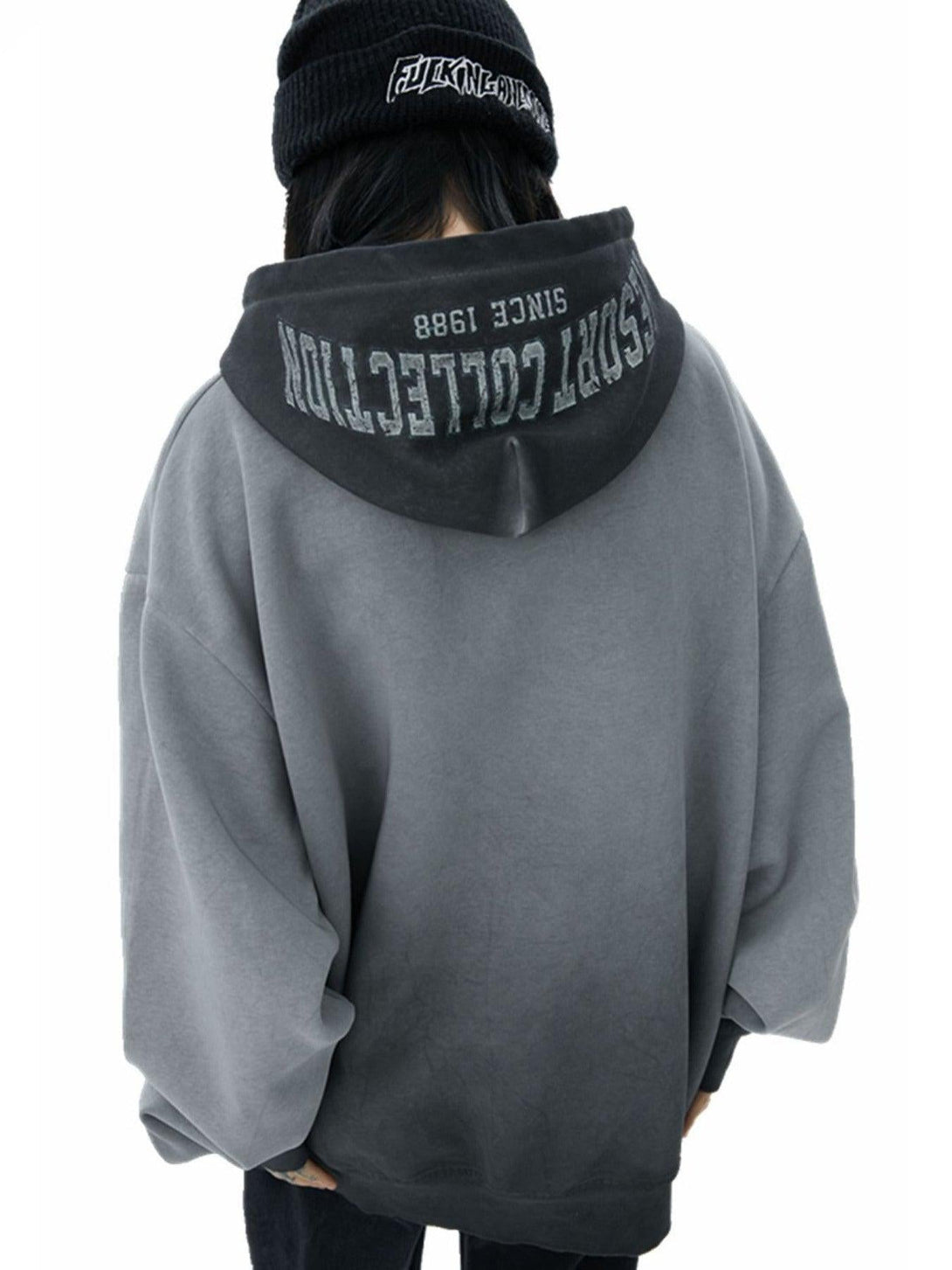 TALISHKO vintage gradient hooded sweatshirt in gray, showcasing a relaxed, oversized fit.