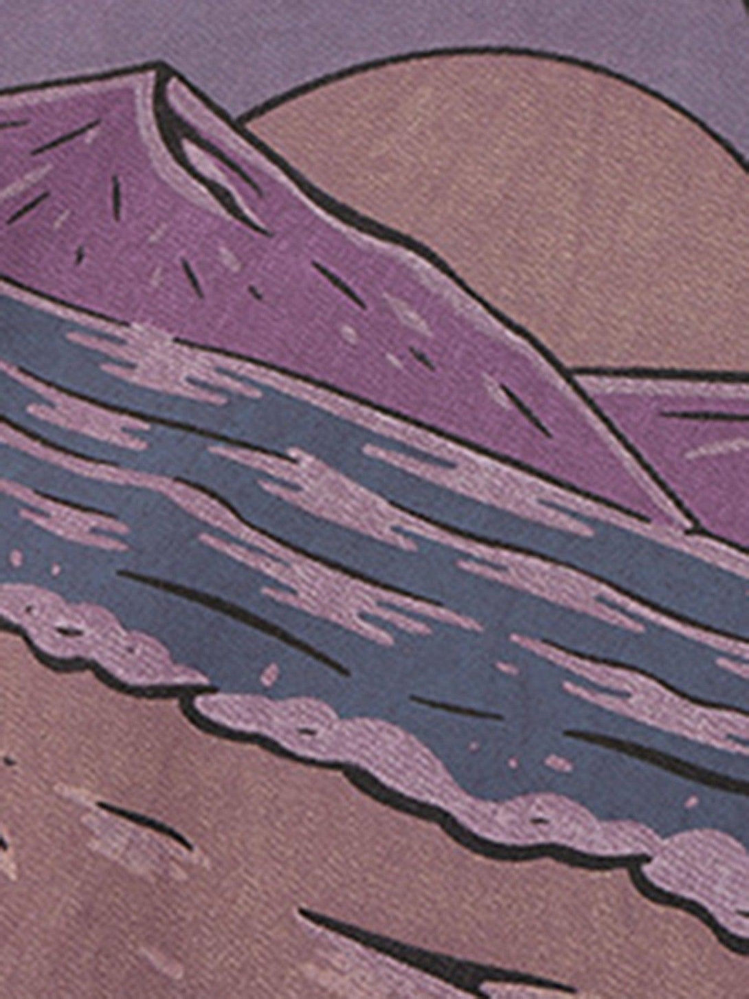 A detailed look at the TALISHKO sweatshirt, featuring a vintage mountain and sunset design.