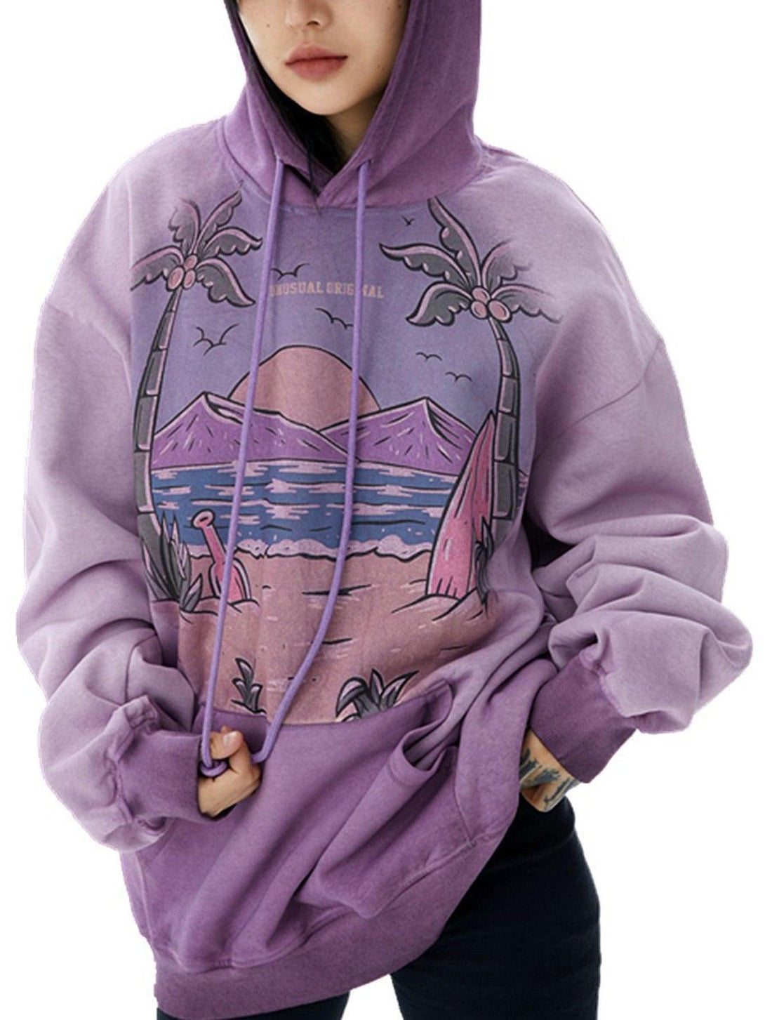 TALISHKO hooded loose sweatshirt in lavender, showcasing a vintage beach illustration.