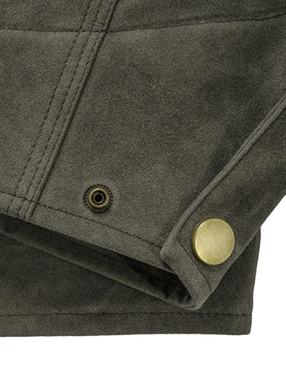A close-up of the TALISHKO suede jacket's sleeve, highlighting button details and stitching.