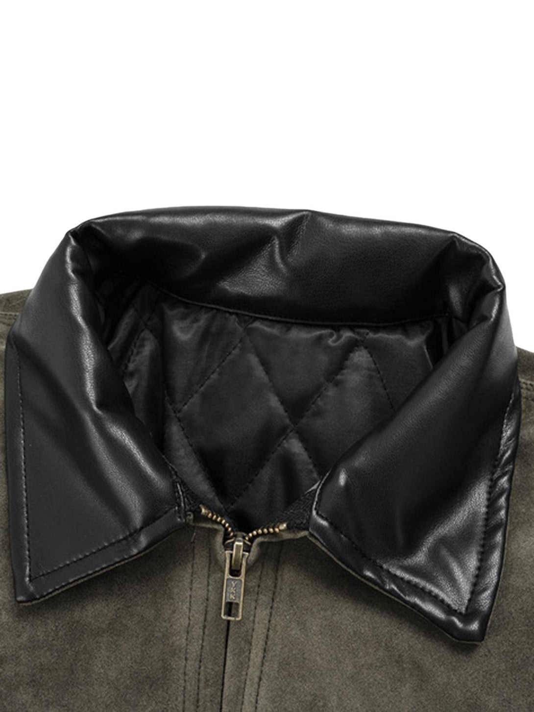 A detailed look at the TALISHKO suede jacket's quilted lining and sleek leather collar.