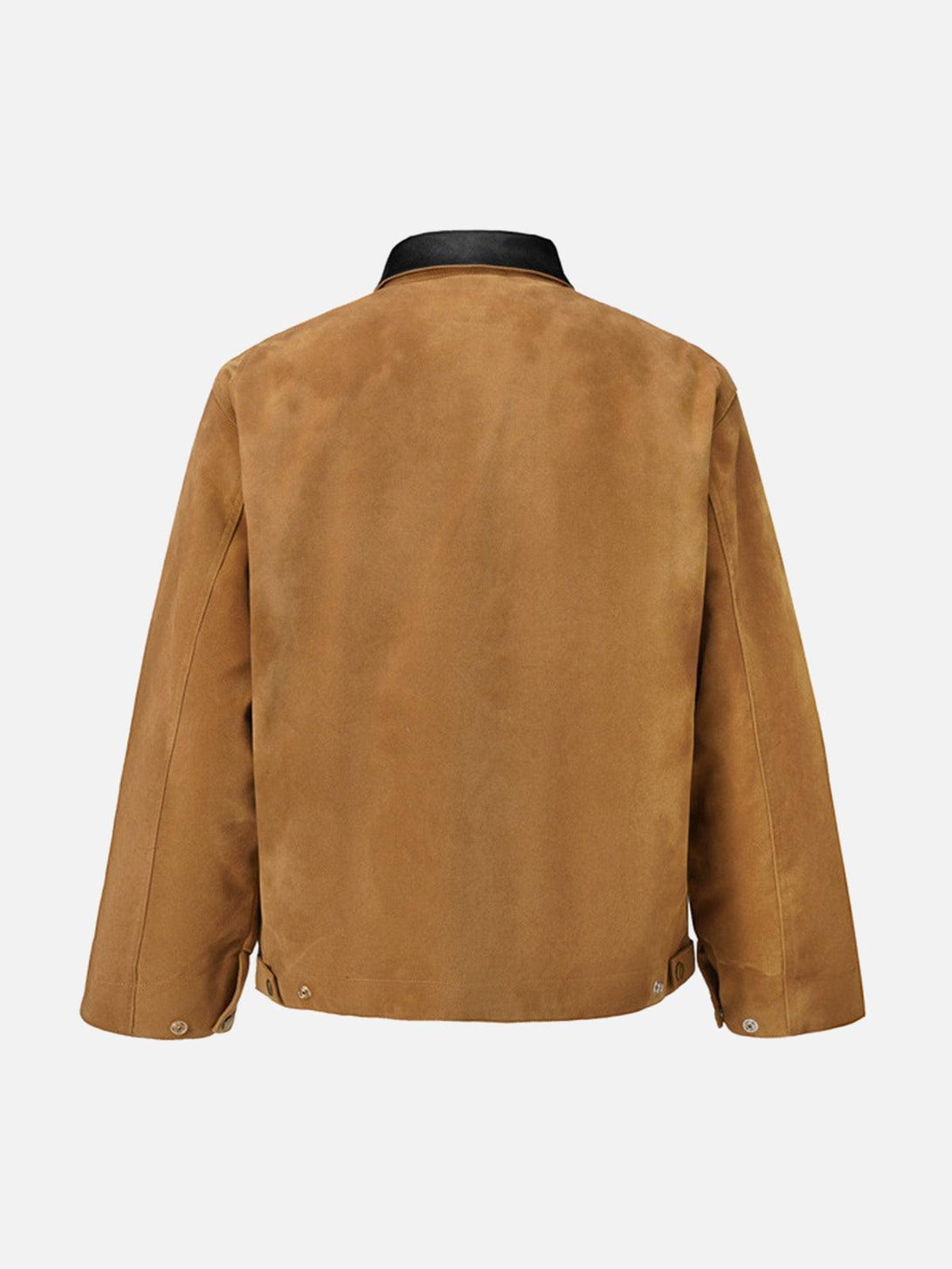Back view of a vintage suede work jacket by TALISHKO, showcasing its rugged texture and style.