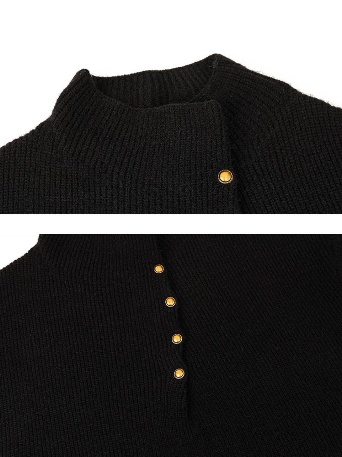A detailed view of a black high-neck sweater by TALISHKO, showcasing elegant gold buttons.