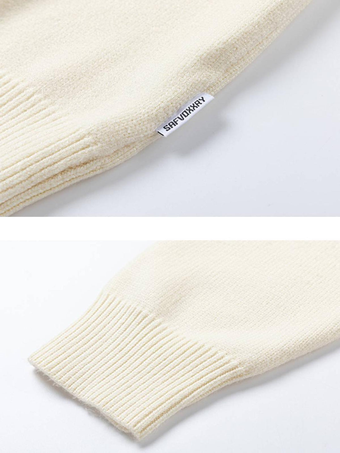 Intricate look at the knit texture and ribbed cuffs of a TALISHKO sweater in cream.
