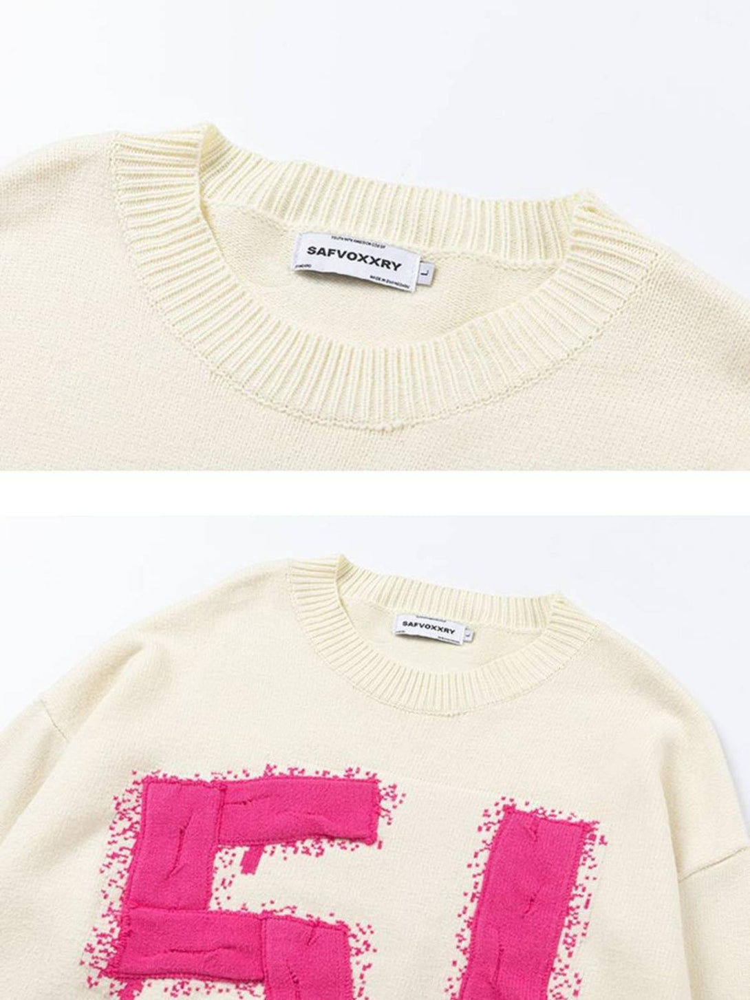 Focusing on the pink graffiti-style embroidery, this TALISHKO sweater adds a bold touch.
