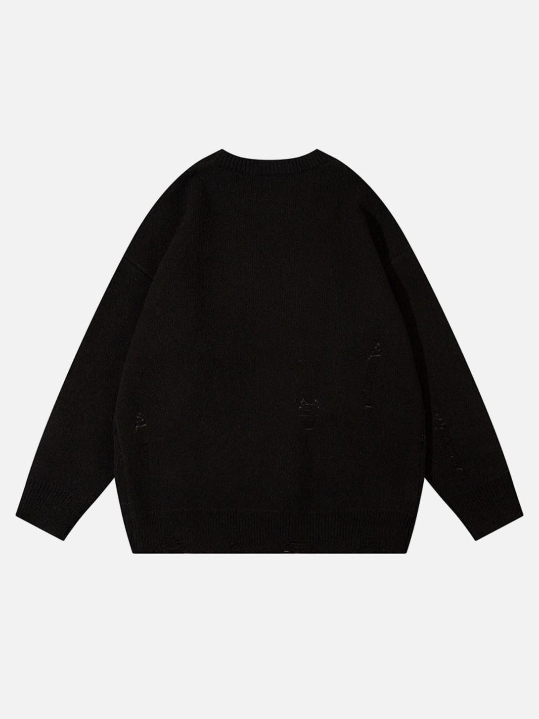 Back view of a black, distressed sweater by TALISHKO, offering a vintage high street vibe.