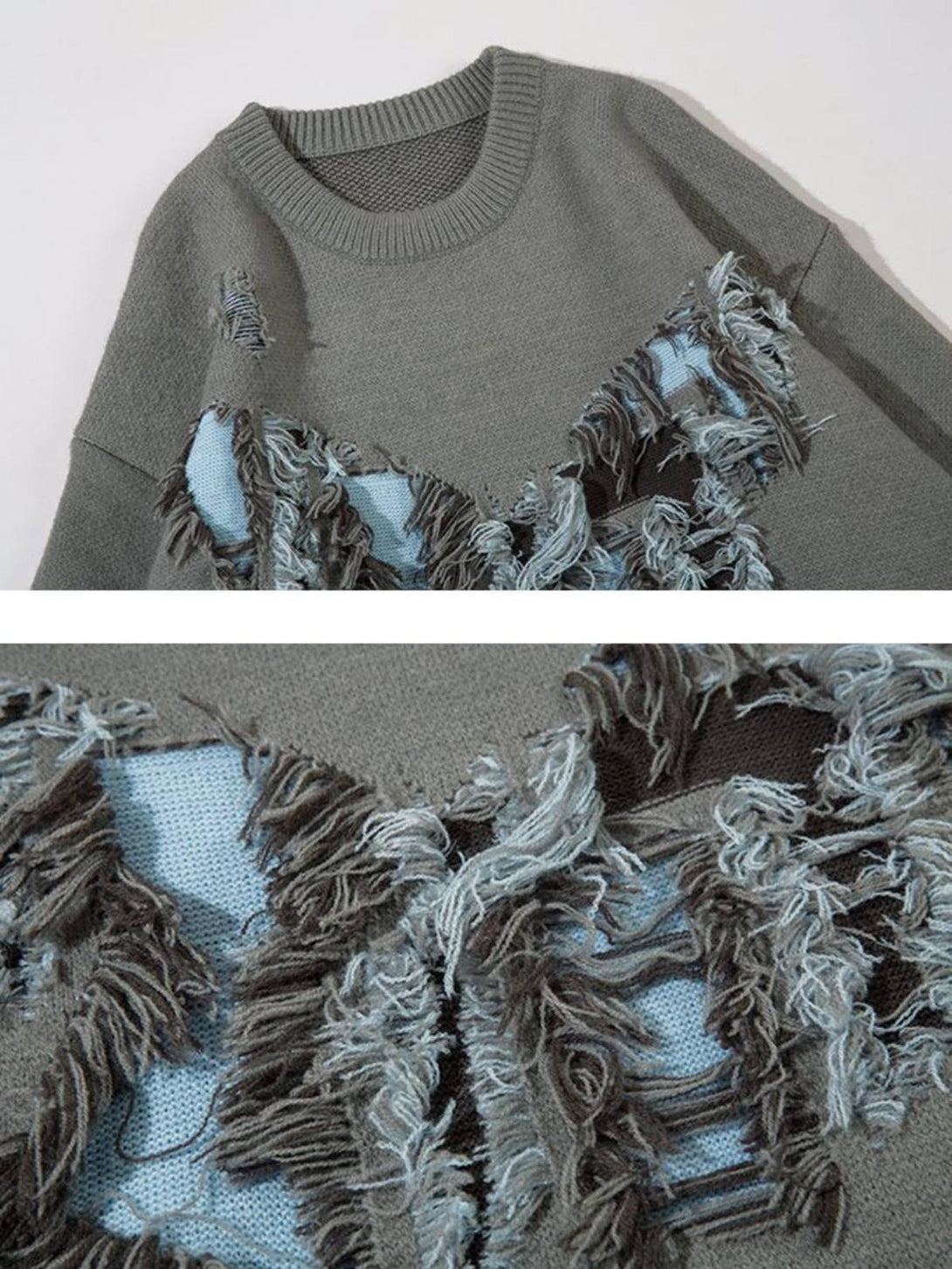 A detailed look at the ripped butterfly design on a gray sweater by TALISHKO, showcasing texture.
