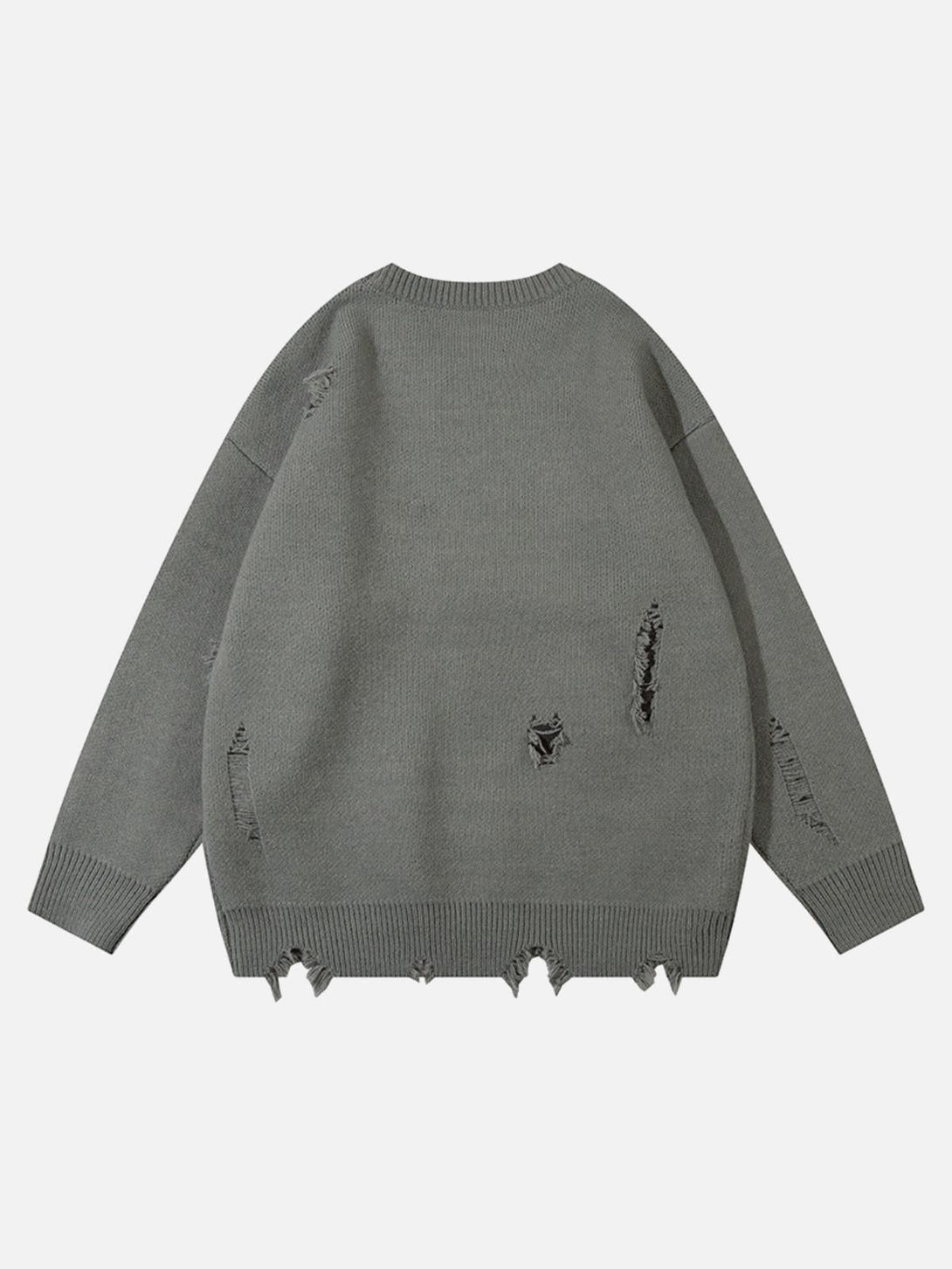 Back view of a gray, distressed butterfly sweater by TALISHKO, highlighting its edgy design.