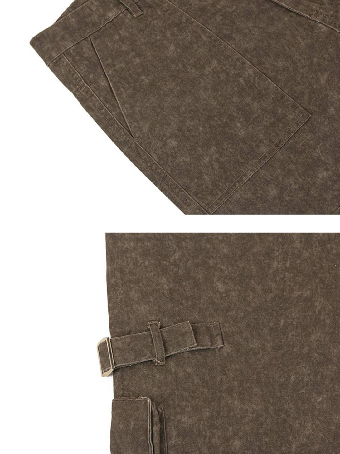 A detailed view of TALISHKO's vintage pants highlights sturdy side pockets and adjustable straps.
