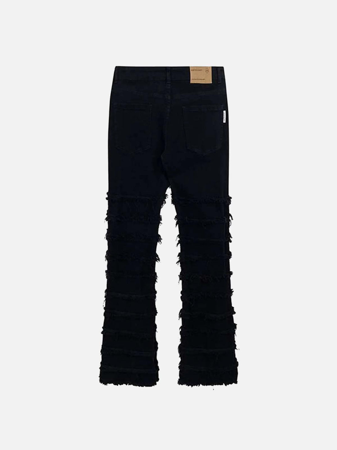 Back view of TALISHKO black vintage jeans with layered raw edges for a unique style.