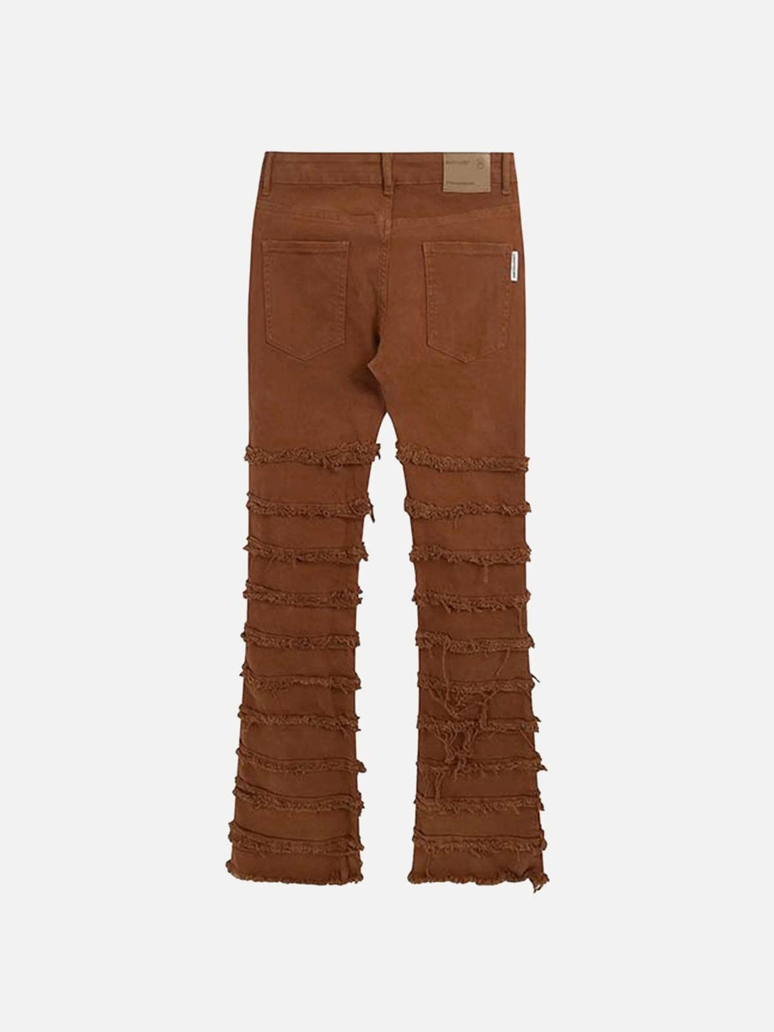 Back view of TALISHKO vintage layered slim jeans in brown, highlighting unique raw edge design.
