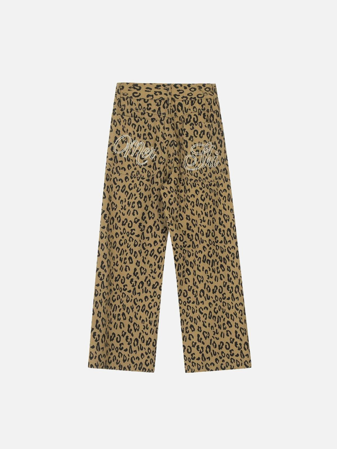 Back view of TALISHKO vintage leopard print pants with unique lettering detail for a bold look.